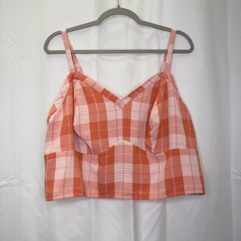 Torrid Orange Pink Plaid Cami Top Smocked Back V-Neck Blouse Size 2 40460051
